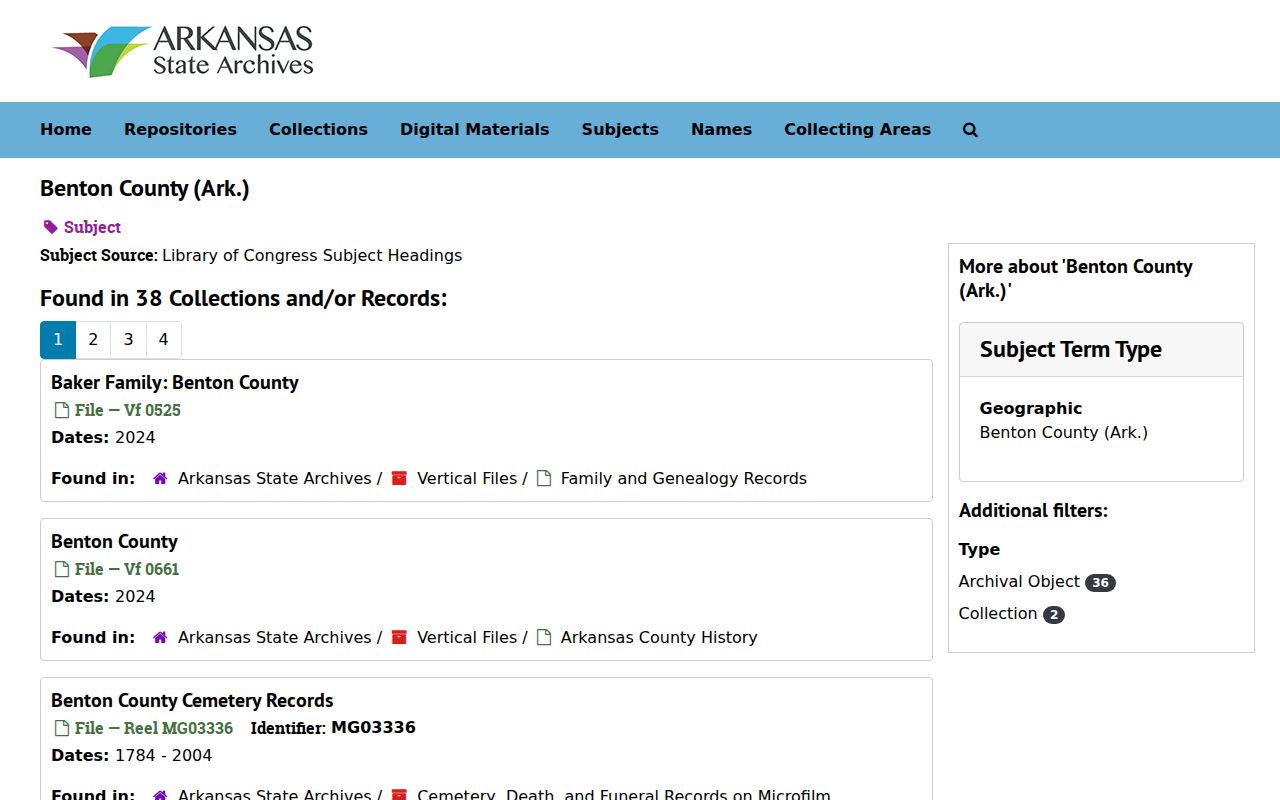 Benton County people search Arkansas State Archives finding aids screenshot