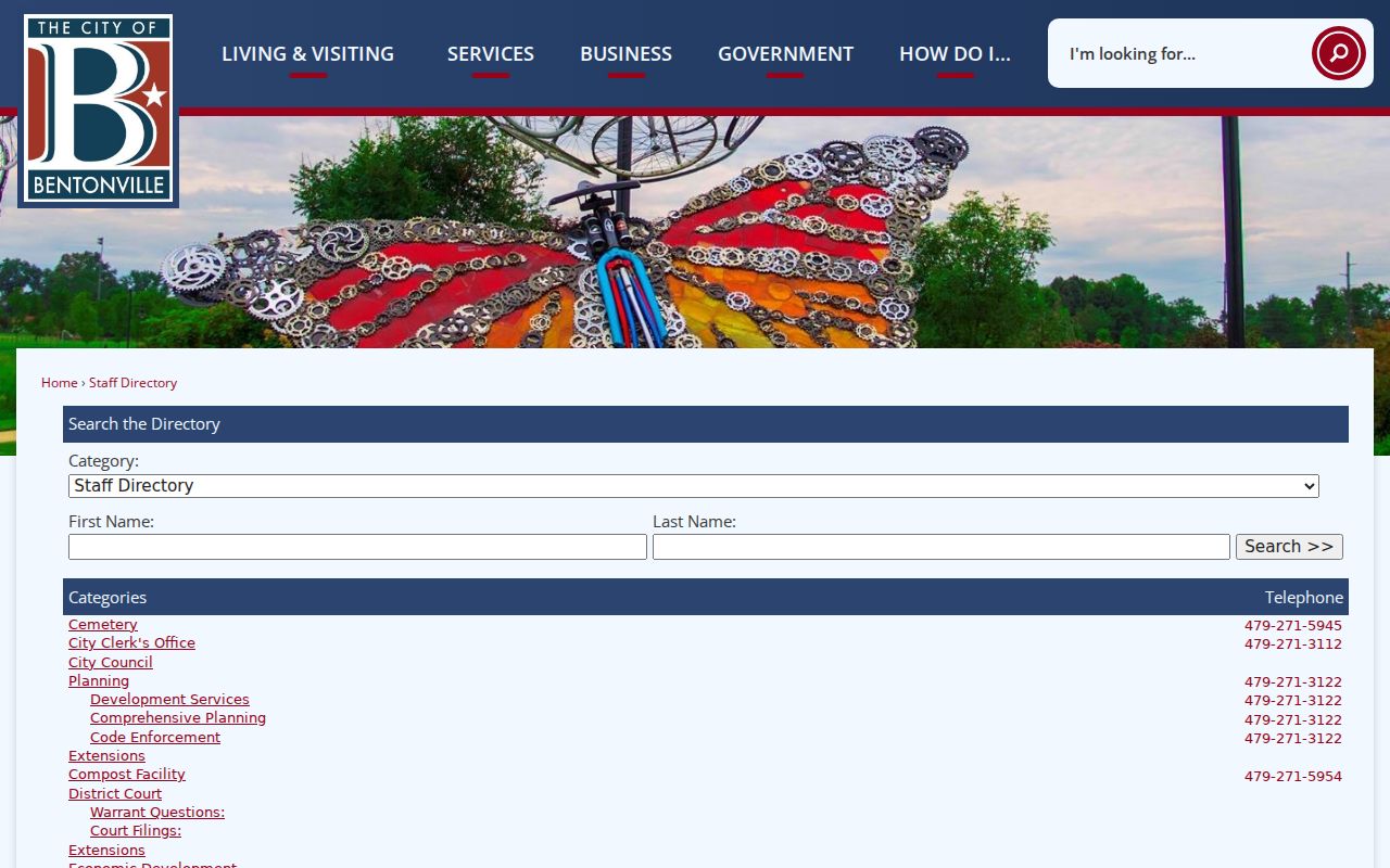 Benton County people directories screenshot of the Bentonville staff directory