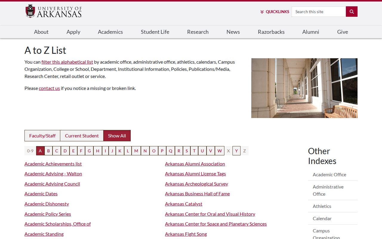 Benton County people directory screenshot of the University of Arkansas A-to-Z directory