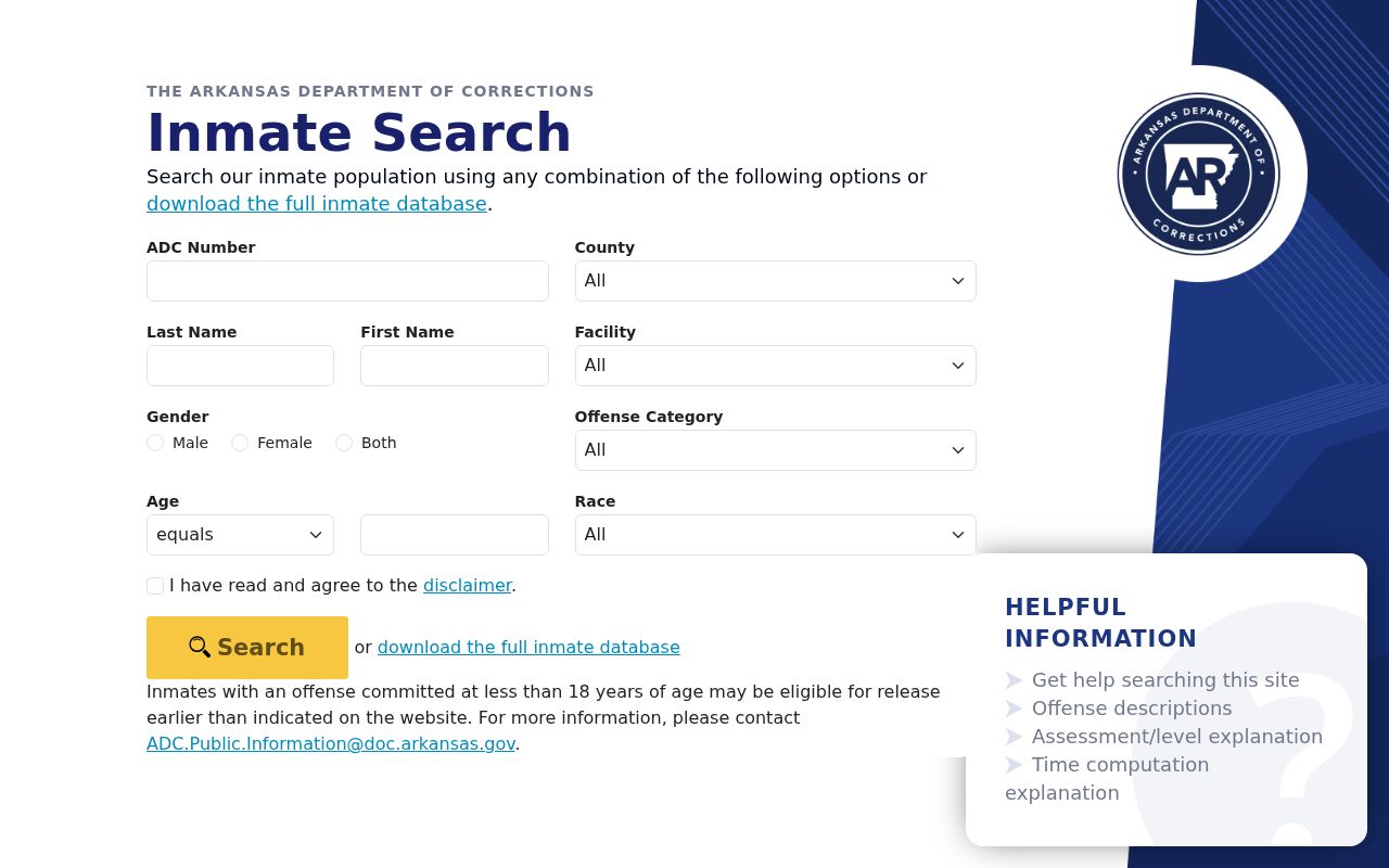Benton County public records Arkansas DOC inmate search fields